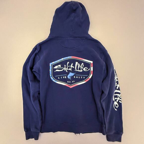 Salt Life Live Salty Full Zip Hoodie Navy Graphic Back Logo Sleeve Print - Picture 2 of 3